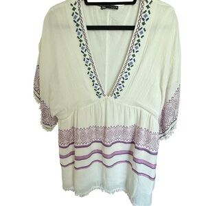 Zara embroidered and beaded kaftan dress/tunic in ecru with purple stitching